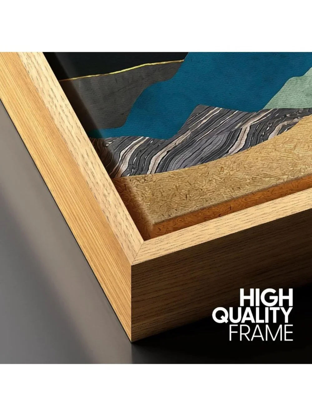Framed Canvas Wall Art - Teal Gold Mountain Range Nature Print for Living Room